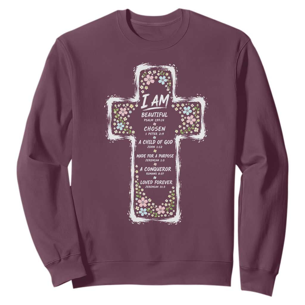 Christian Floral Cross Affirmation Sweatshirt Bible Verse Inspirational Faith Girl Christening Floral TS10 Maroon Print Your Wear