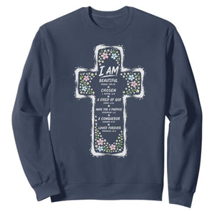 Christian Floral Cross Affirmation Sweatshirt Bible Verse Inspirational Faith Girl Christening Floral TS10 Navy Print Your Wear