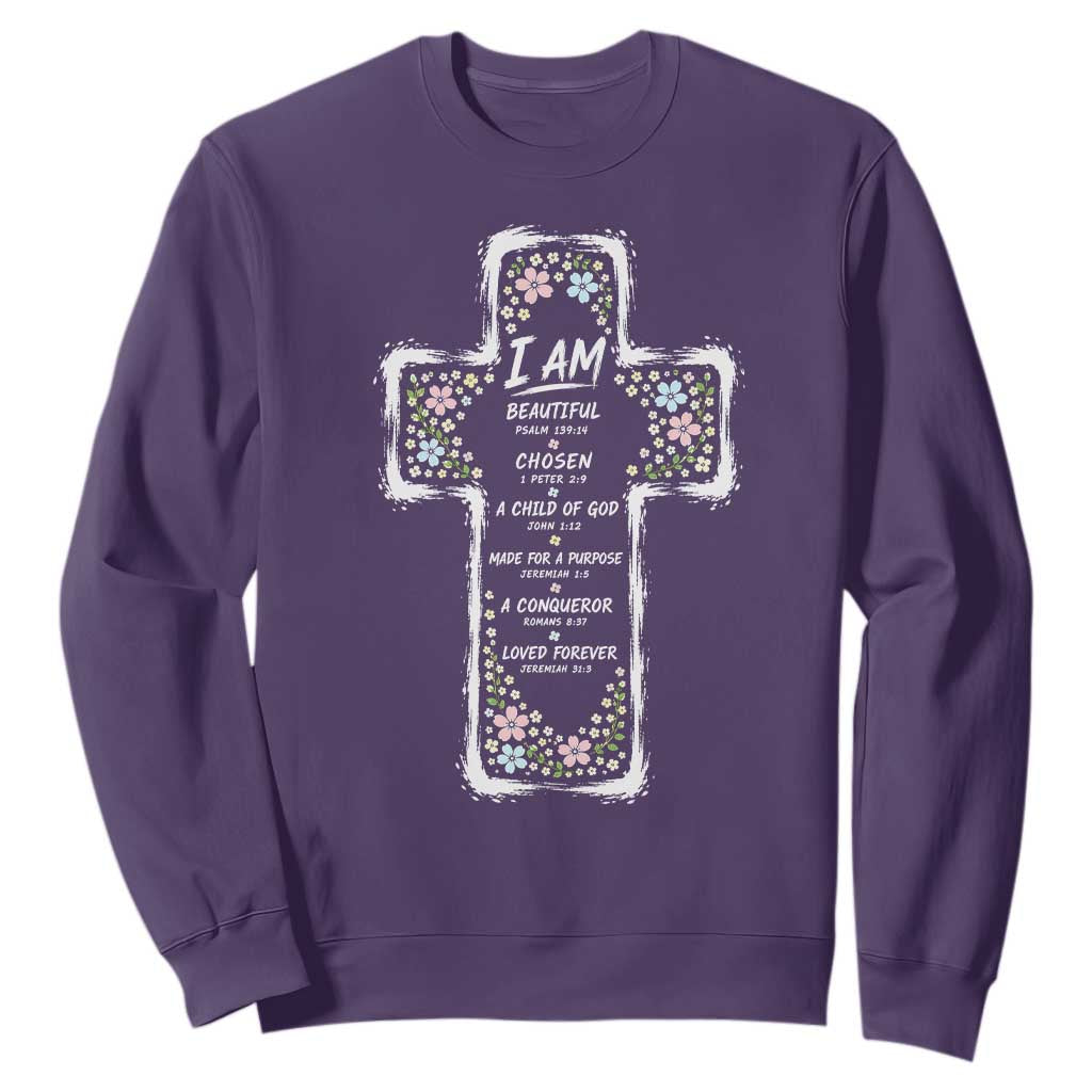 Christian Floral Cross Affirmation Sweatshirt Bible Verse Inspirational Faith Girl Christening Floral TS10 Purple Print Your Wear