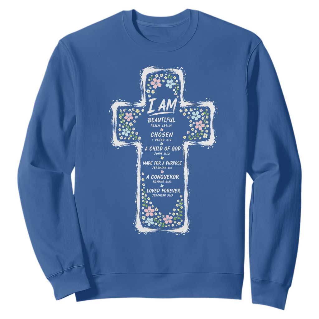 Christian Floral Cross Affirmation Sweatshirt Bible Verse Inspirational Faith Girl Christening Floral TS10 Royal Blue Print Your Wear