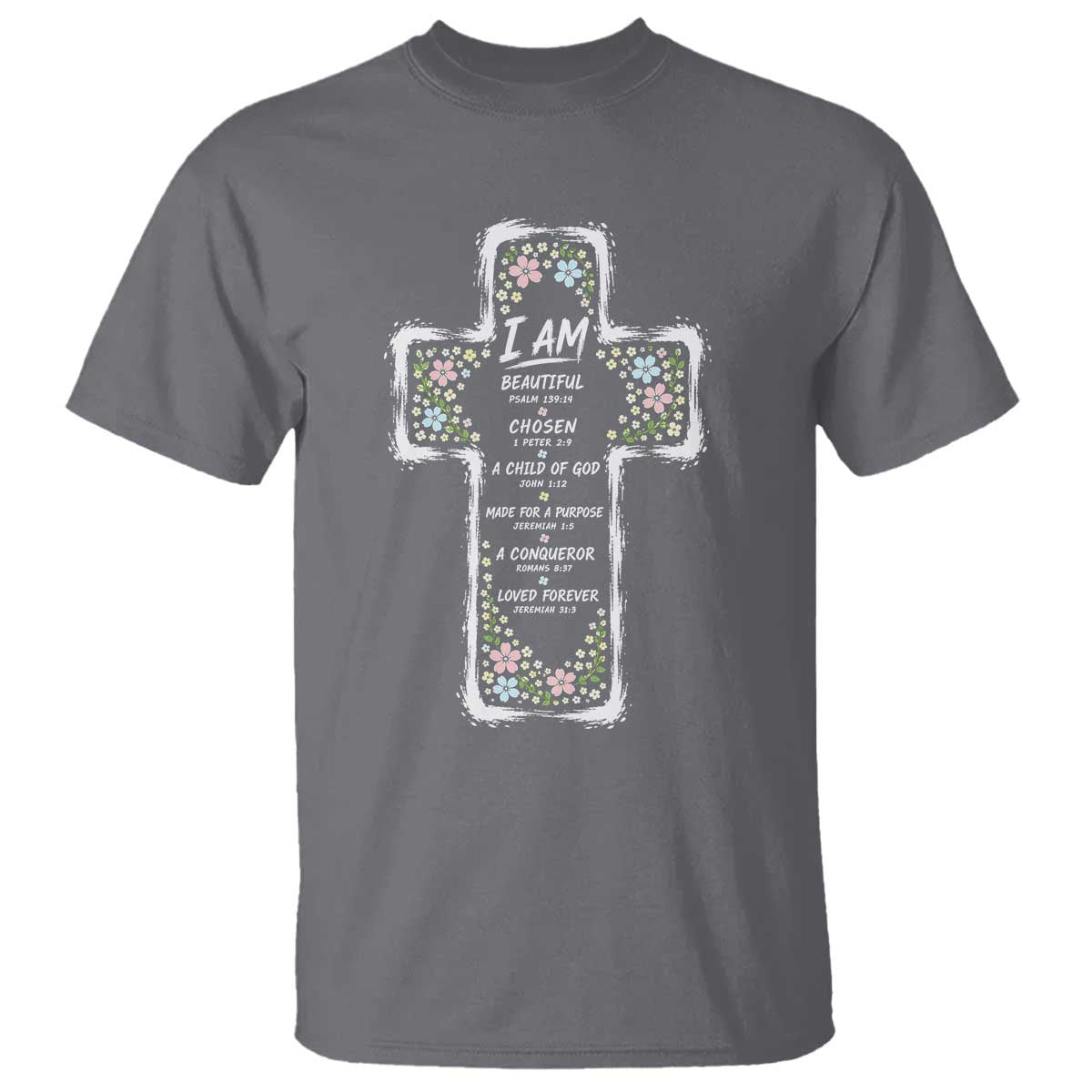 Christian Floral Cross Affirmation T Shirt Bible Verse Inspirational Faith Girl Christening Floral TS10 Charcoal Print Your Wear