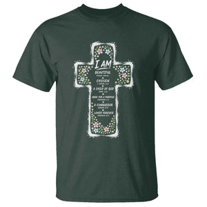 Christian Floral Cross Affirmation T Shirt Bible Verse Inspirational Faith Girl Christening Floral TS10 Dark Forest Green Print Your Wear