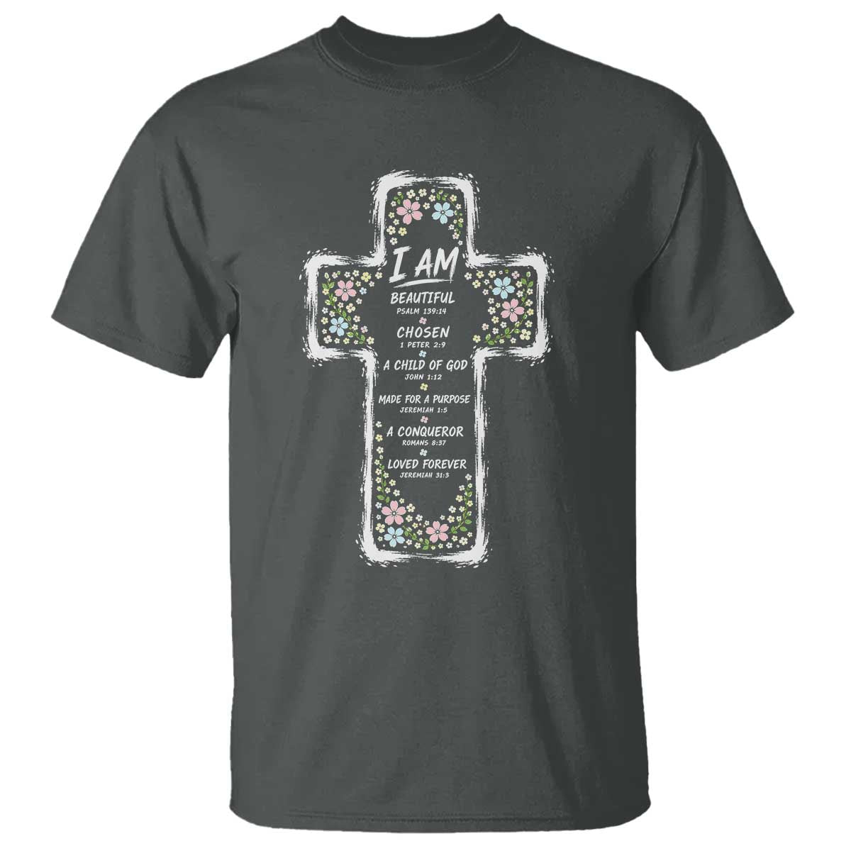 Christian Floral Cross Affirmation T Shirt Bible Verse Inspirational Faith Girl Christening Floral TS10 Dark Heather Print Your Wear