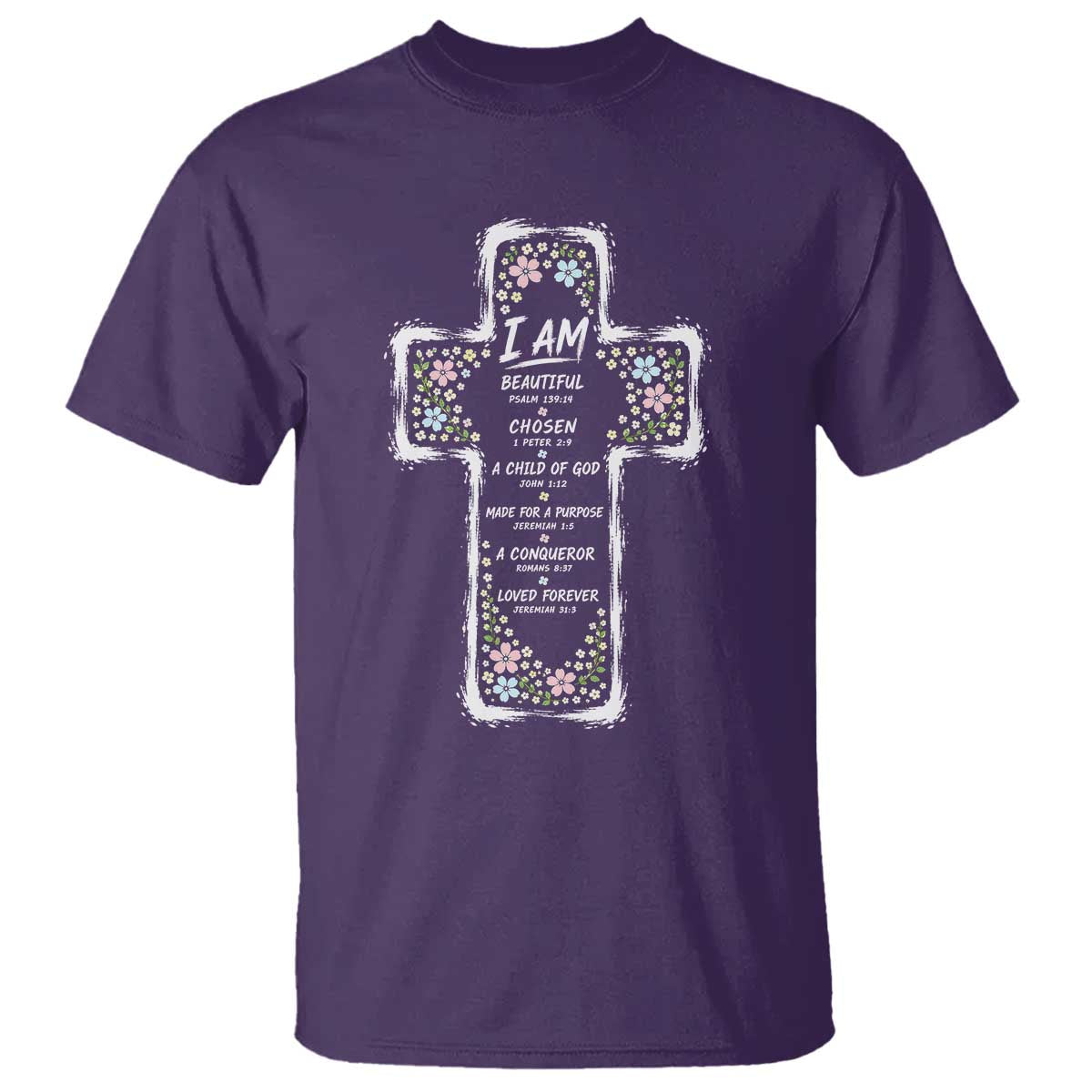 Christian Floral Cross Affirmation T Shirt Bible Verse Inspirational Faith Girl Christening Floral TS10 Purple Print Your Wear