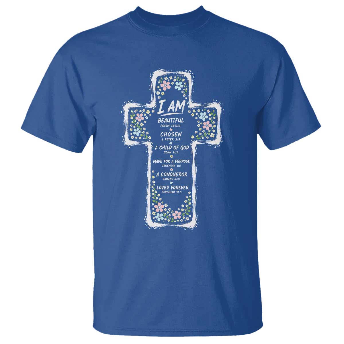 Christian Floral Cross Affirmation T Shirt Bible Verse Inspirational Faith Girl Christening Floral TS10 Royal Blue Print Your Wear
