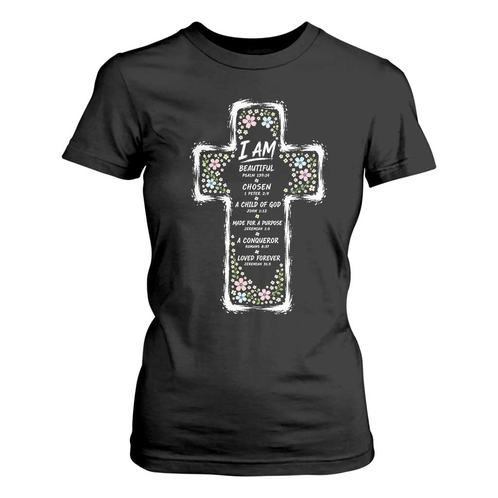 Christian Floral Cross Affirmation T Shirt For Women Bible Verse Inspirational Faith Girl Christening Floral TS10 Black Print Your Wear
