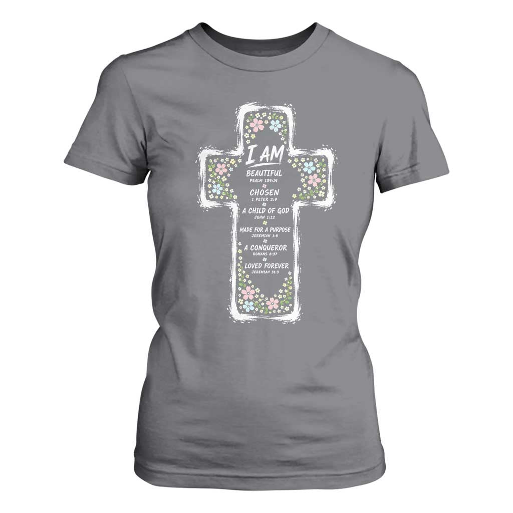 Christian Floral Cross Affirmation T Shirt For Women Bible Verse Inspirational Faith Girl Christening Floral TS10 Charcoal Print Your Wear