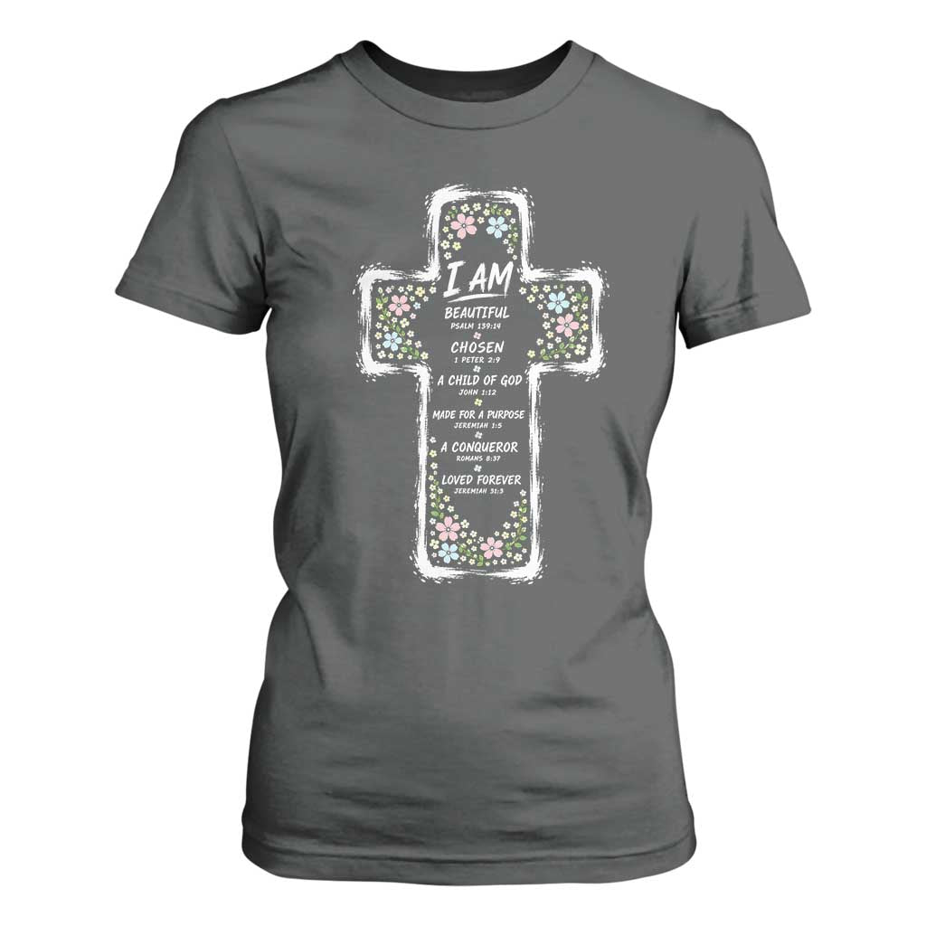 Christian Floral Cross Affirmation T Shirt For Women Bible Verse Inspirational Faith Girl Christening Floral TS10 Dark Heather Print Your Wear
