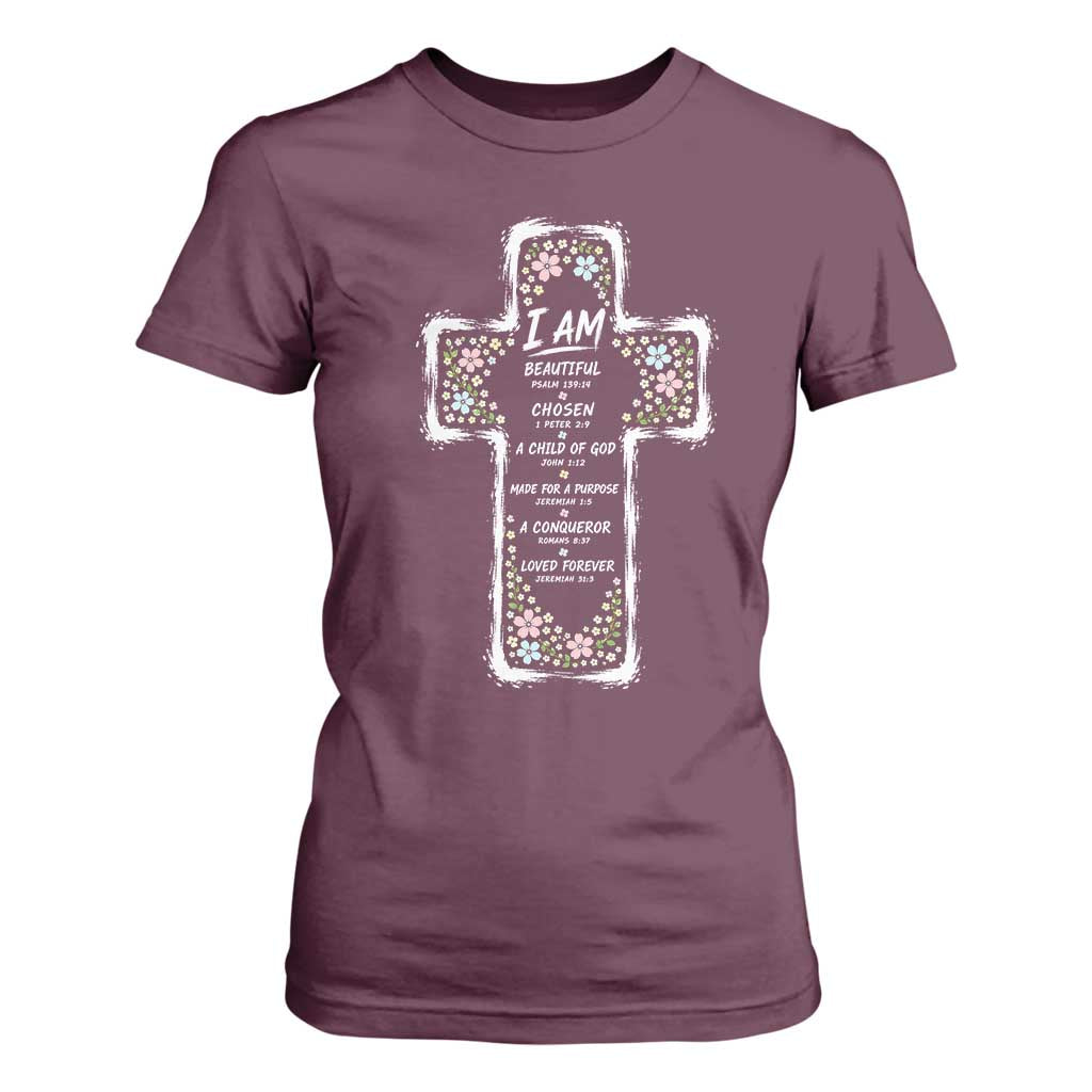 Christian Floral Cross Affirmation T Shirt For Women Bible Verse Inspirational Faith Girl Christening Floral TS10 Maroon Print Your Wear