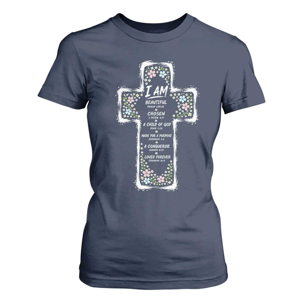 Christian Floral Cross Affirmation T Shirt For Women Bible Verse Inspirational Faith Girl Christening Floral TS10 Navy Print Your Wear