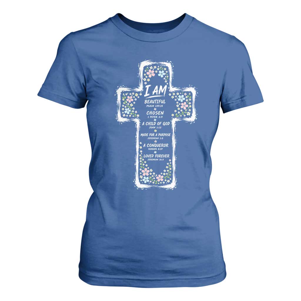 Christian Floral Cross Affirmation T Shirt For Women Bible Verse Inspirational Faith Girl Christening Floral TS10 Royal Blue Print Your Wear