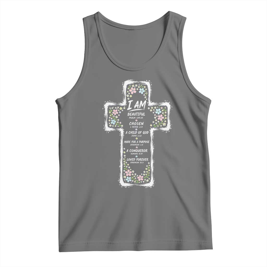 Christian Floral Cross Affirmation Tank Top Bible Verse Inspirational Faith Girl Christening Floral TS10 Black Heather Print Your Wear