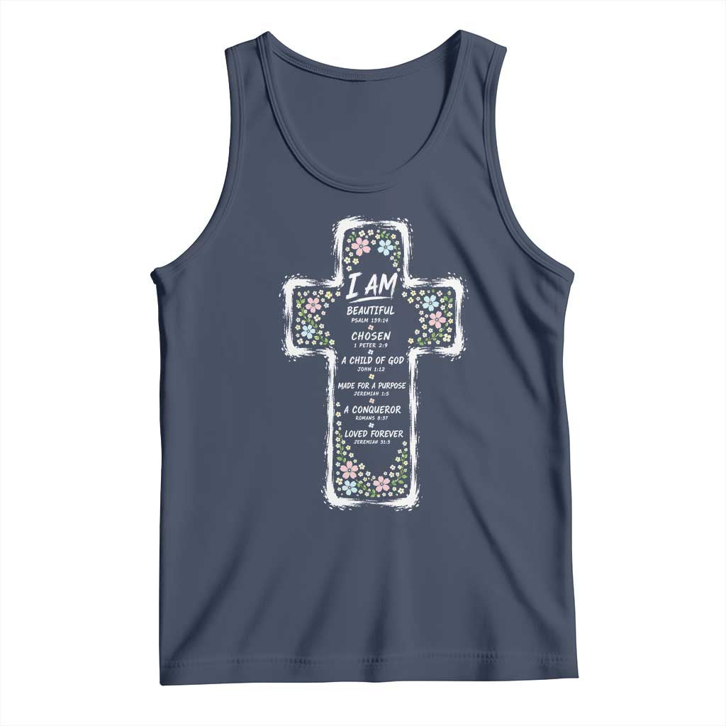 Christian Floral Cross Affirmation Tank Top Bible Verse Inspirational Faith Girl Christening Floral TS10 Navy Print Your Wear