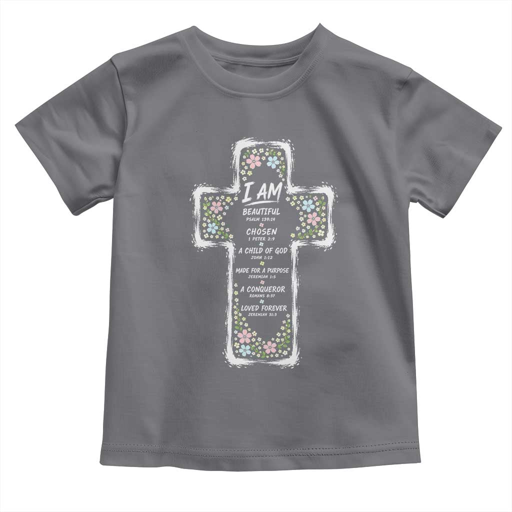Christian Floral Cross Affirmation Toddler T Shirt Bible Verse Inspirational Faith Girl Christening Floral TS10 Charcoal Print Your Wear
