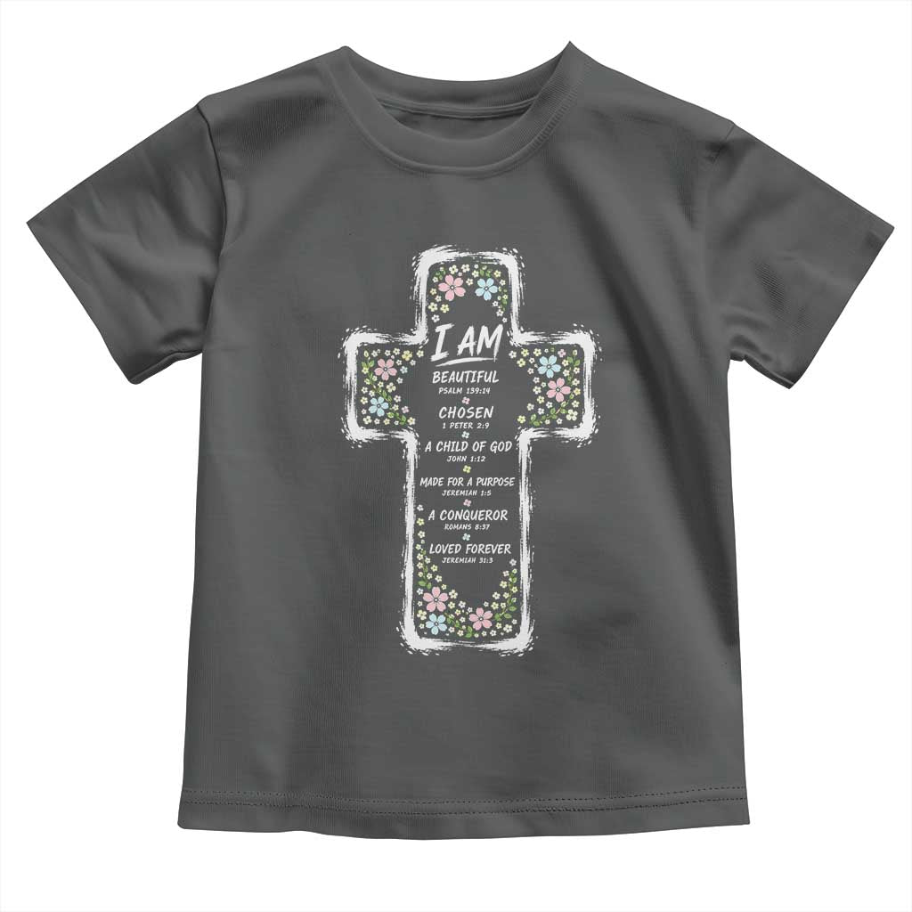 Christian Floral Cross Affirmation Toddler T Shirt Bible Verse Inspirational Faith Girl Christening Floral TS10 Dark Heather Print Your Wear