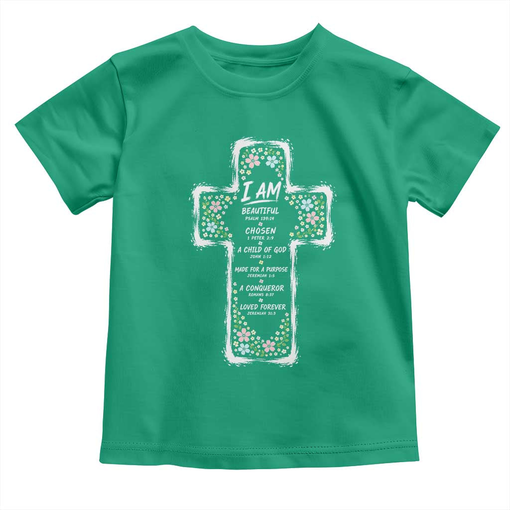 Christian Floral Cross Affirmation Toddler T Shirt Bible Verse Inspirational Faith Girl Christening Floral TS10 Irish Green Print Your Wear