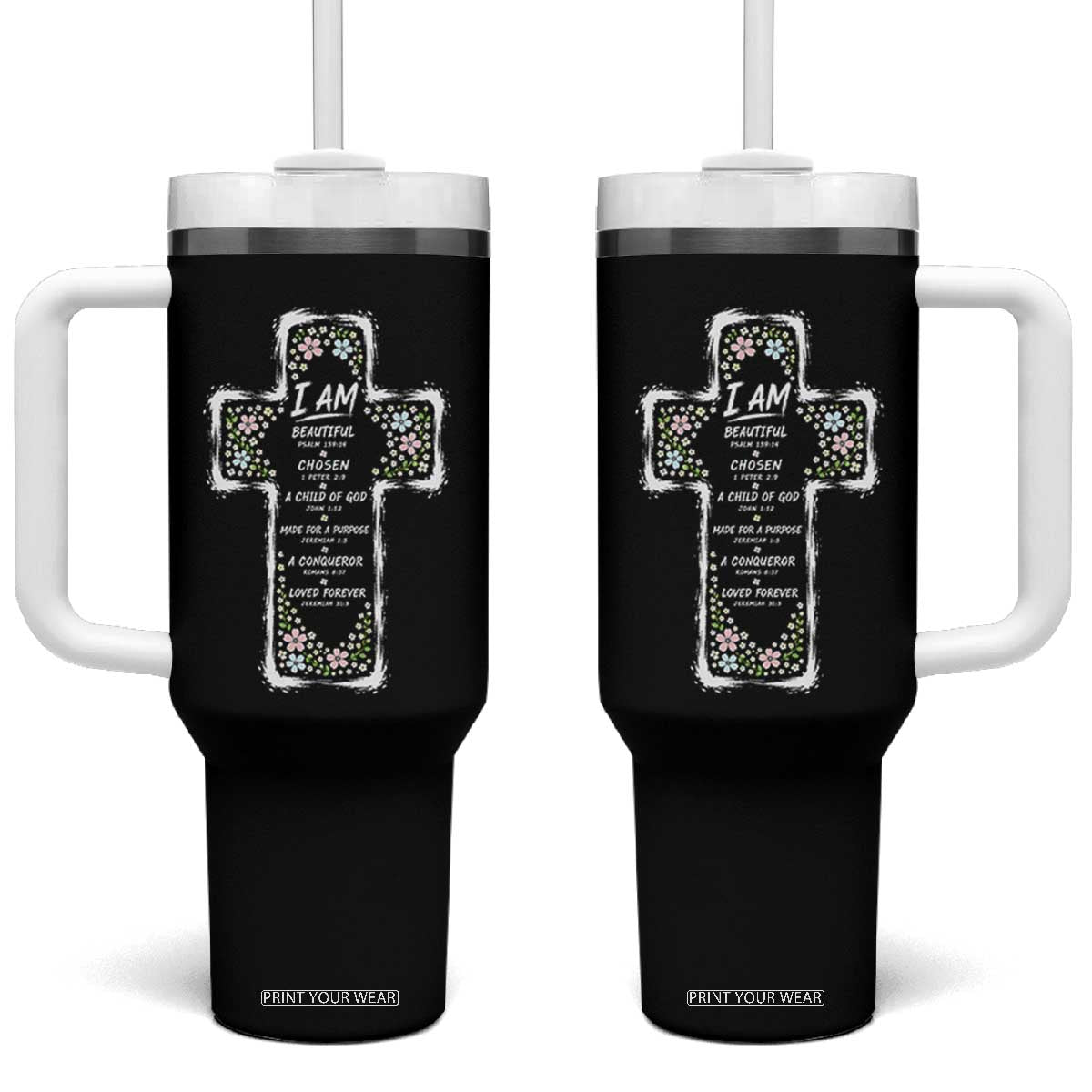 Christian Floral Cross Affirmation Tumbler With Handle Bible Verse Inspirational Faith Girl Christening Floral TS10 One Size: 40 oz Black Print Your Wear