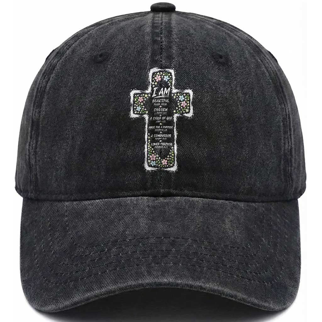 Christian Floral Cross Affirmation Washed Cotton Baseball Cap Bible Verse Inspirational Faith Girl Christening Floral TS10 Print Your Wear