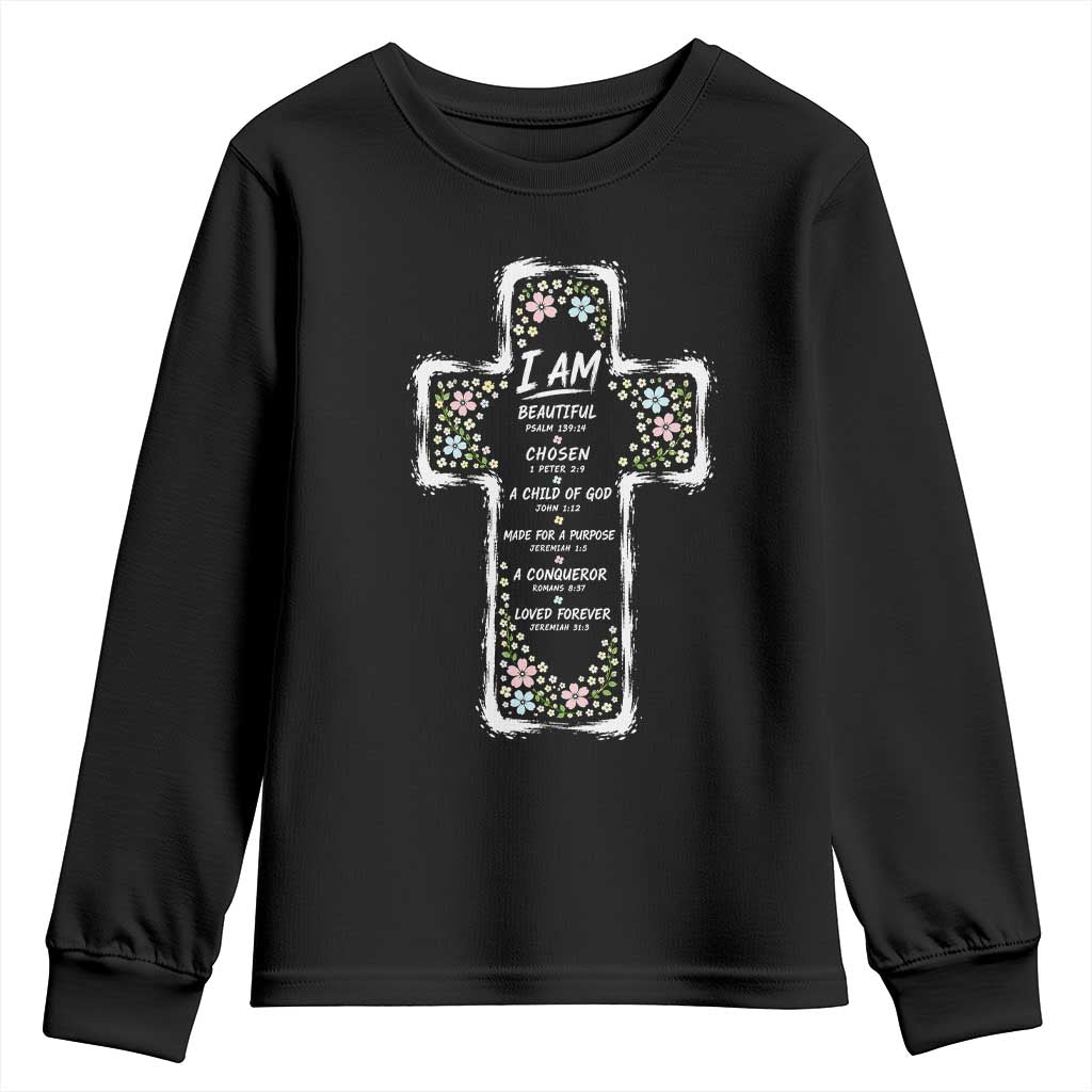 Christian Floral Cross Affirmation Youth Sweatshirt Bible Verse Inspirational Faith Girl Christening Floral TS10 Black Print Your Wear