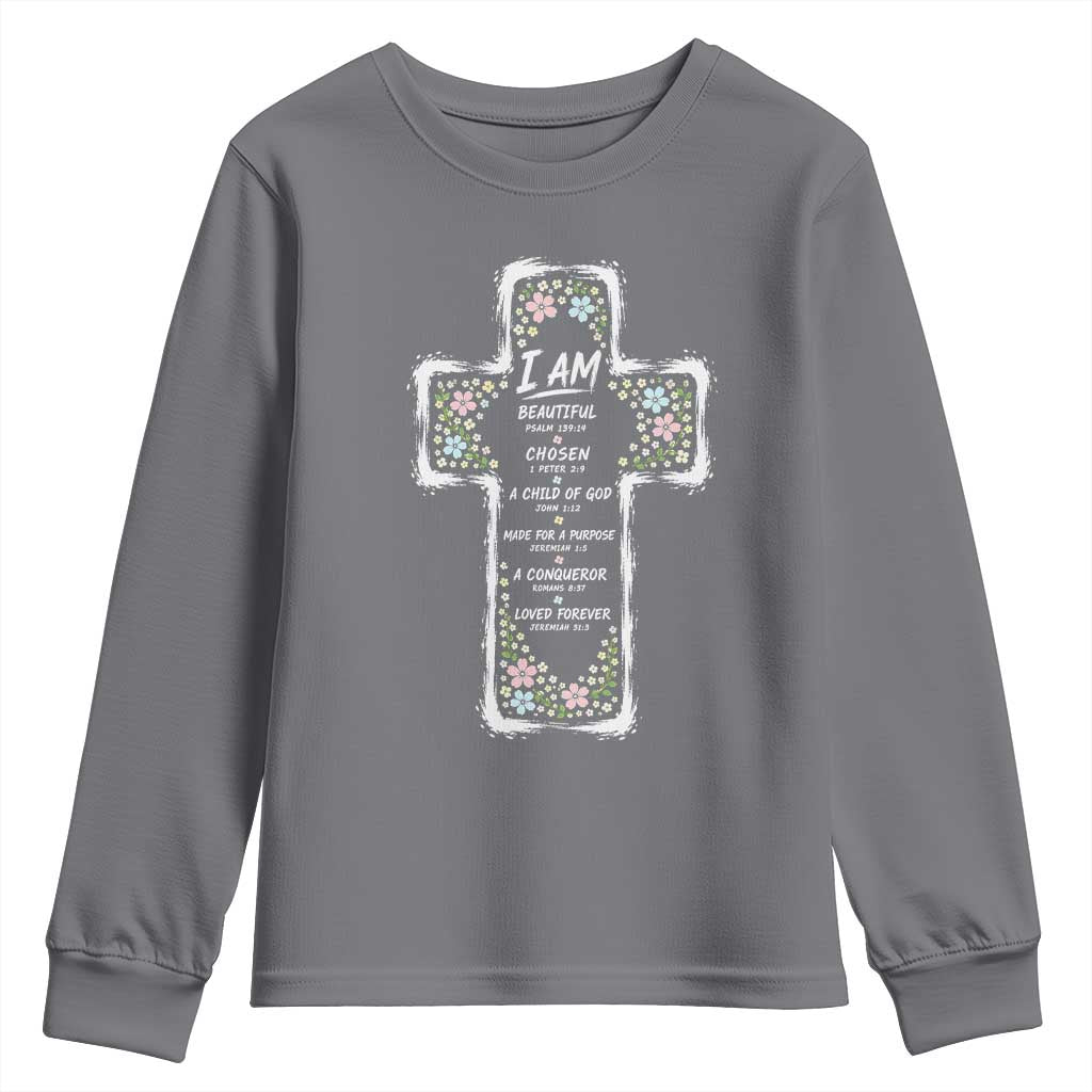 Christian Floral Cross Affirmation Youth Sweatshirt Bible Verse Inspirational Faith Girl Christening Floral TS10 Charcoal Print Your Wear