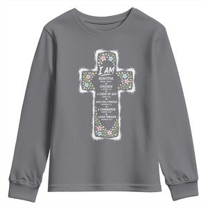 Christian Floral Cross Affirmation Youth Sweatshirt Bible Verse Inspirational Faith Girl Christening Floral TS10 Charcoal Print Your Wear