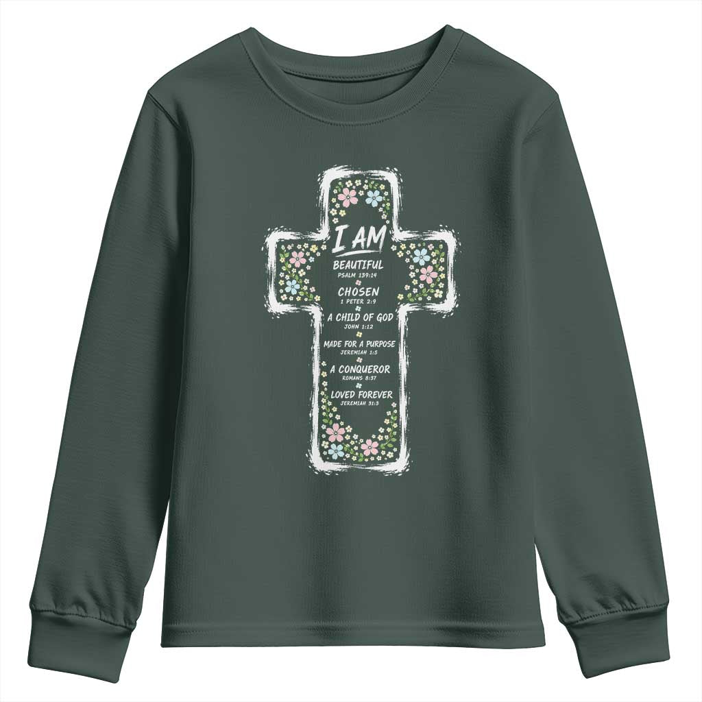 Christian Floral Cross Affirmation Youth Sweatshirt Bible Verse Inspirational Faith Girl Christening Floral TS10 Dark Forest Green Print Your Wear