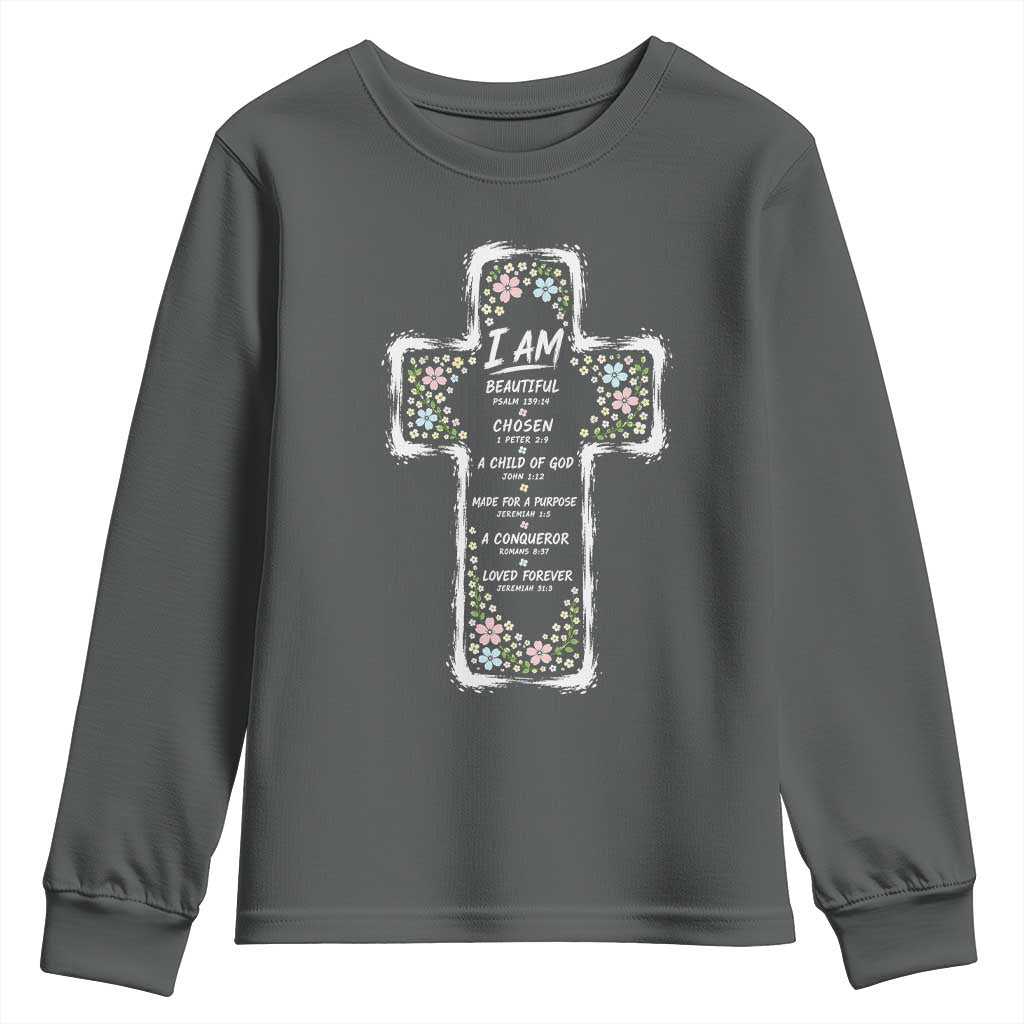 Christian Floral Cross Affirmation Youth Sweatshirt Bible Verse Inspirational Faith Girl Christening Floral TS10 Dark Heather Print Your Wear