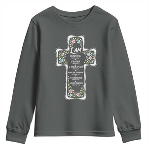 Christian Floral Cross Affirmation Youth Sweatshirt Bible Verse Inspirational Faith Girl Christening Floral TS10 Dark Heather Print Your Wear