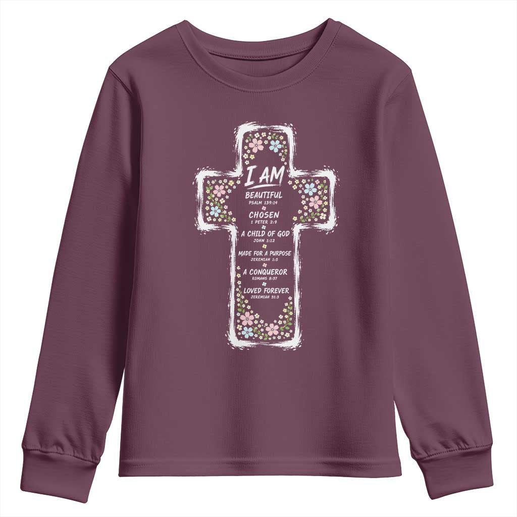 Christian Floral Cross Affirmation Youth Sweatshirt Bible Verse Inspirational Faith Girl Christening Floral TS10 Maroon Print Your Wear