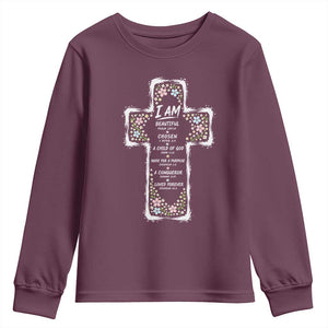 Christian Floral Cross Affirmation Youth Sweatshirt Bible Verse Inspirational Faith Girl Christening Floral TS10 Maroon Print Your Wear