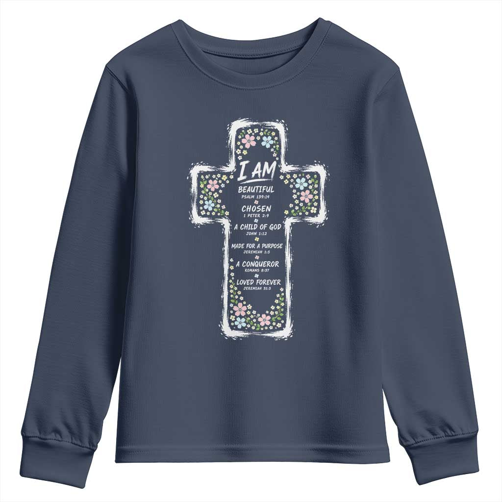 Christian Floral Cross Affirmation Youth Sweatshirt Bible Verse Inspirational Faith Girl Christening Floral TS10 Navy Print Your Wear