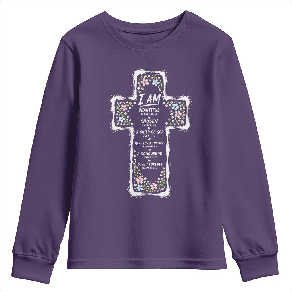 Christian Floral Cross Affirmation Youth Sweatshirt Bible Verse Inspirational Faith Girl Christening Floral TS10 Purple Print Your Wear