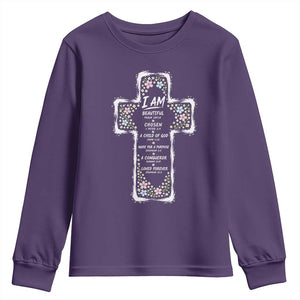 Christian Floral Cross Affirmation Youth Sweatshirt Bible Verse Inspirational Faith Girl Christening Floral TS10 Purple Print Your Wear