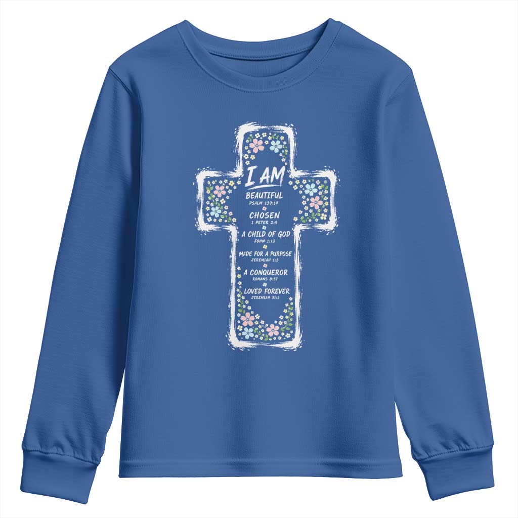 Christian Floral Cross Affirmation Youth Sweatshirt Bible Verse Inspirational Faith Girl Christening Floral TS10 Royal Blue Print Your Wear