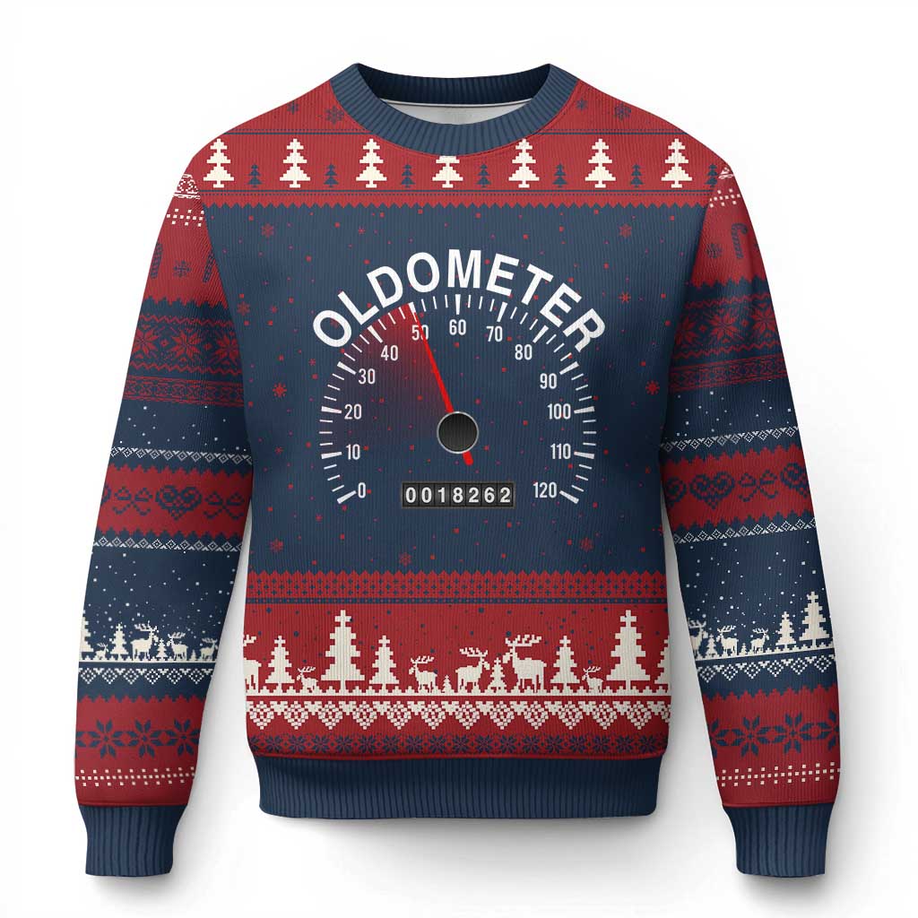 Funny 50th Birthday Ugly Christmas Sweater Oldometer Odometer 50 Year Old Joke TS10 Navy Red Print Your Wear