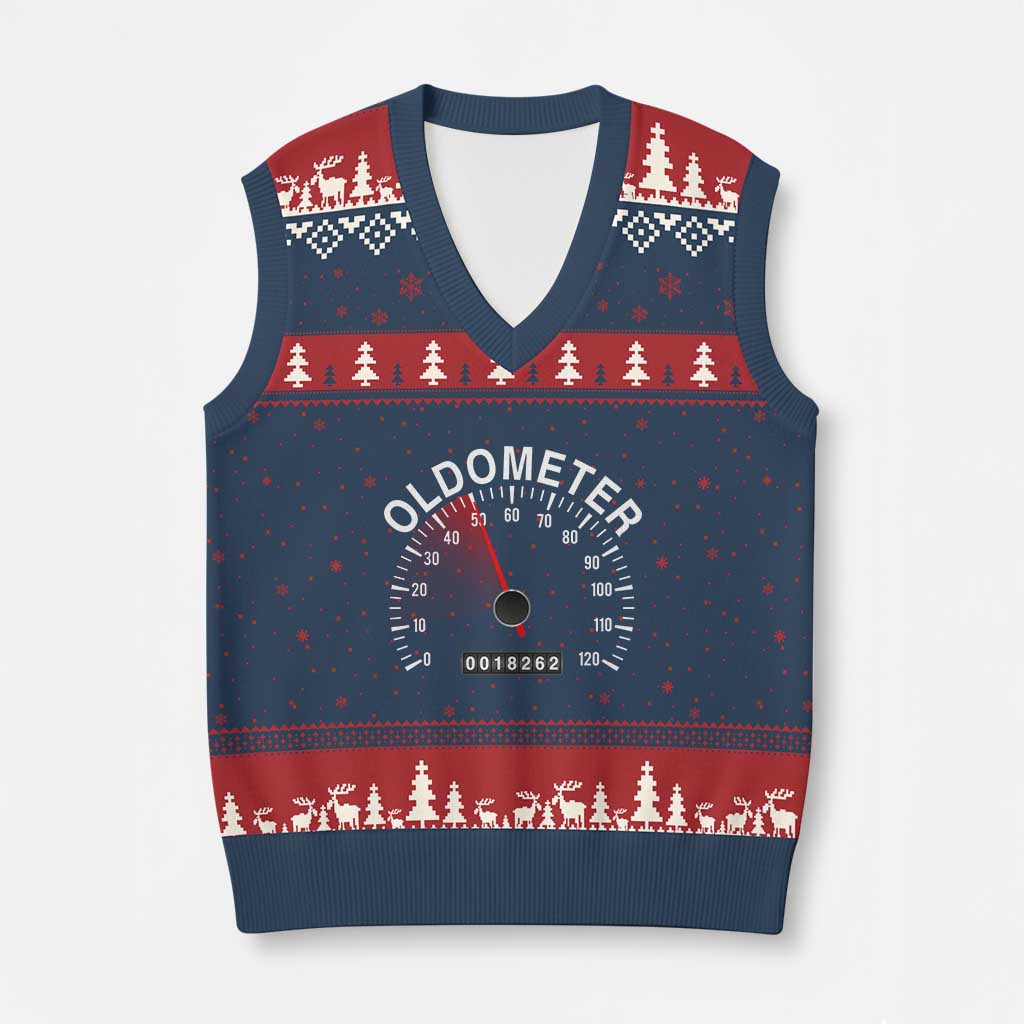 Funny 50th Birthday V-Neck Knit Sweater Vest Oldometer Odometer 50 Year Old Joke TS10 Navy Red Print Your Wear