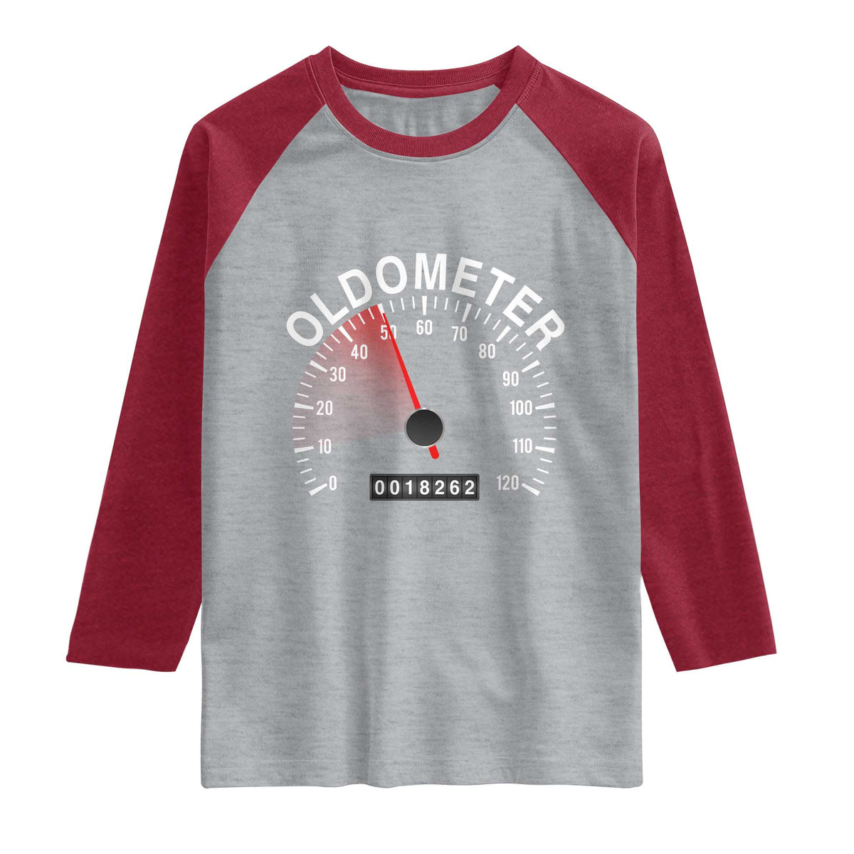 Funny 50th Birthday Raglan Shirt Oldometer Odometer 50 Year Old Joke TS10 Heather Gray Heather Red Print Your Wear