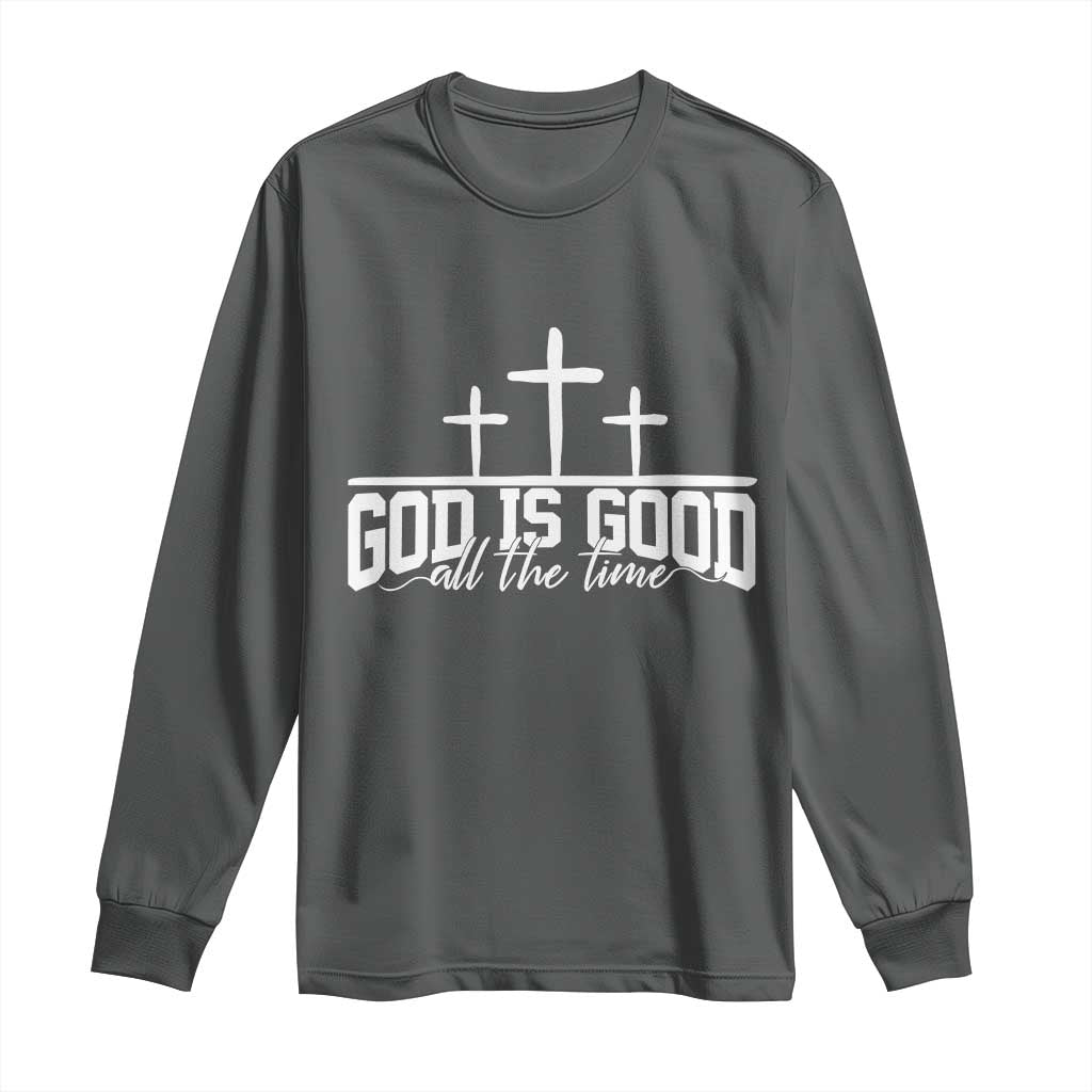 God Is Good Long Sleeve Shirt Jesus Cross Minimal Religious Faith Bible Verse Inspirational TS10 Dark Heather Print Your Wear