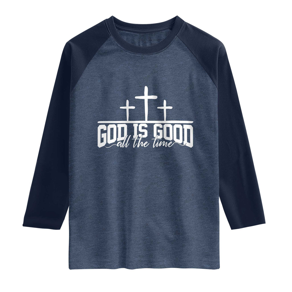 God Is Good Raglan Shirt Jesus Cross Minimal Religious Faith Bible Verse Inspirational TS10 Heather Denim Navy Print Your Wear