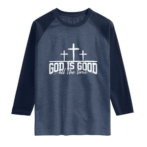 God Is Good Raglan Shirt Jesus Cross Minimal Religious Faith Bible Verse Inspirational TS10 Heather Denim Navy Print Your Wear