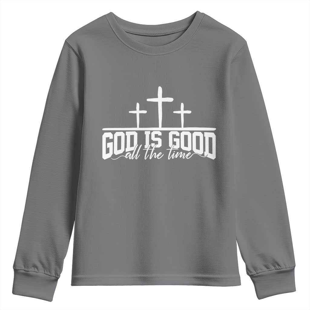 God Is Good Youth Sweatshirt Jesus Cross Minimal Religious Faith Bible Verse Inspirational TS10 Charcoal Print Your Wear