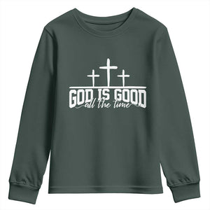 God Is Good Youth Sweatshirt Jesus Cross Minimal Religious Faith Bible Verse Inspirational TS10 Dark Forest Green Print Your Wear
