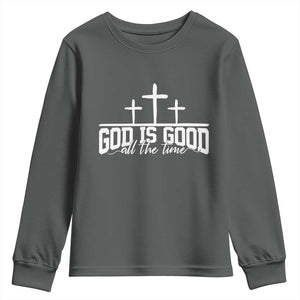 God Is Good Youth Sweatshirt Jesus Cross Minimal Religious Faith Bible Verse Inspirational TS10 Dark Heather Print Your Wear