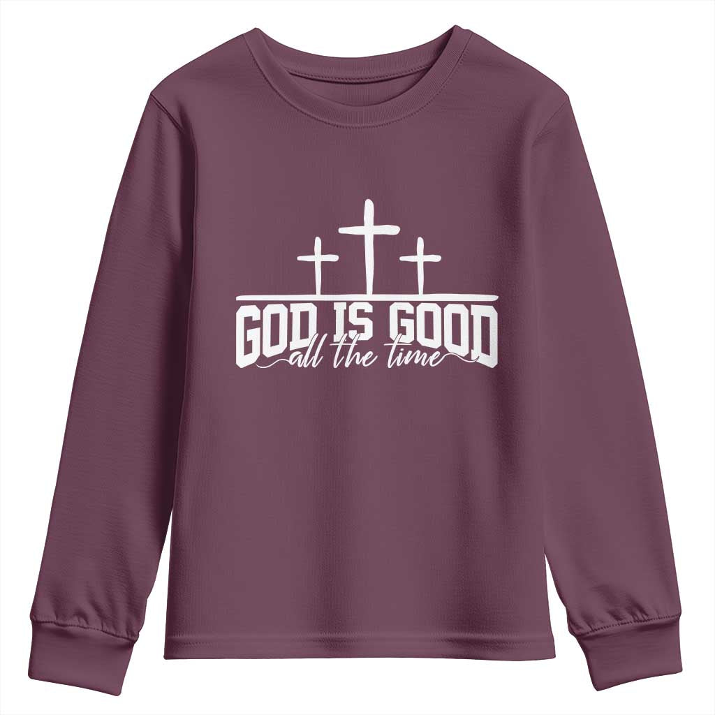 God Is Good Youth Sweatshirt Jesus Cross Minimal Religious Faith Bible Verse Inspirational TS10 Maroon Print Your Wear