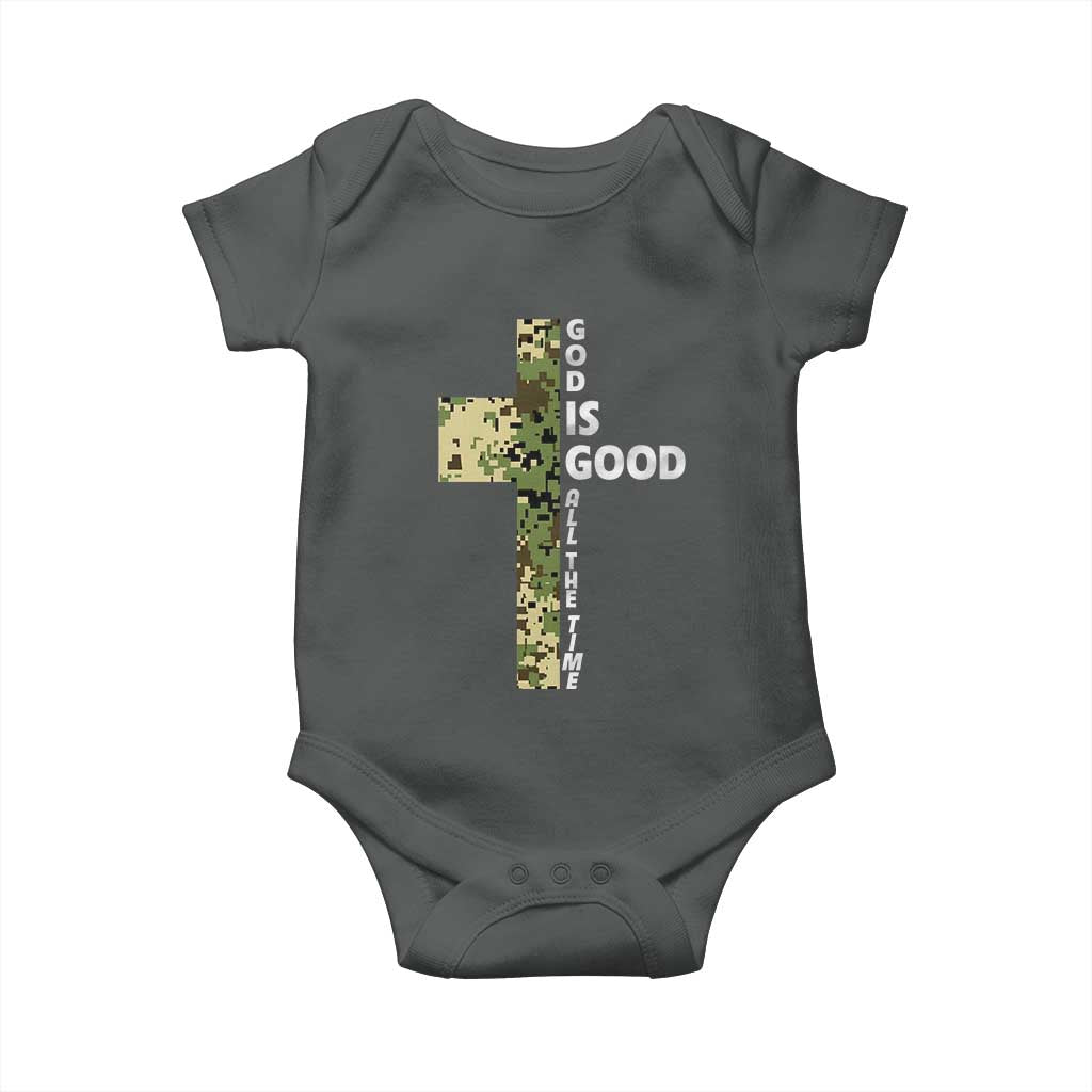 God Is Good Baby Onesie Camo Cross Religious Jesus Faith Bible Verse Inspirational TS10 Dark Heather Print Your Wear