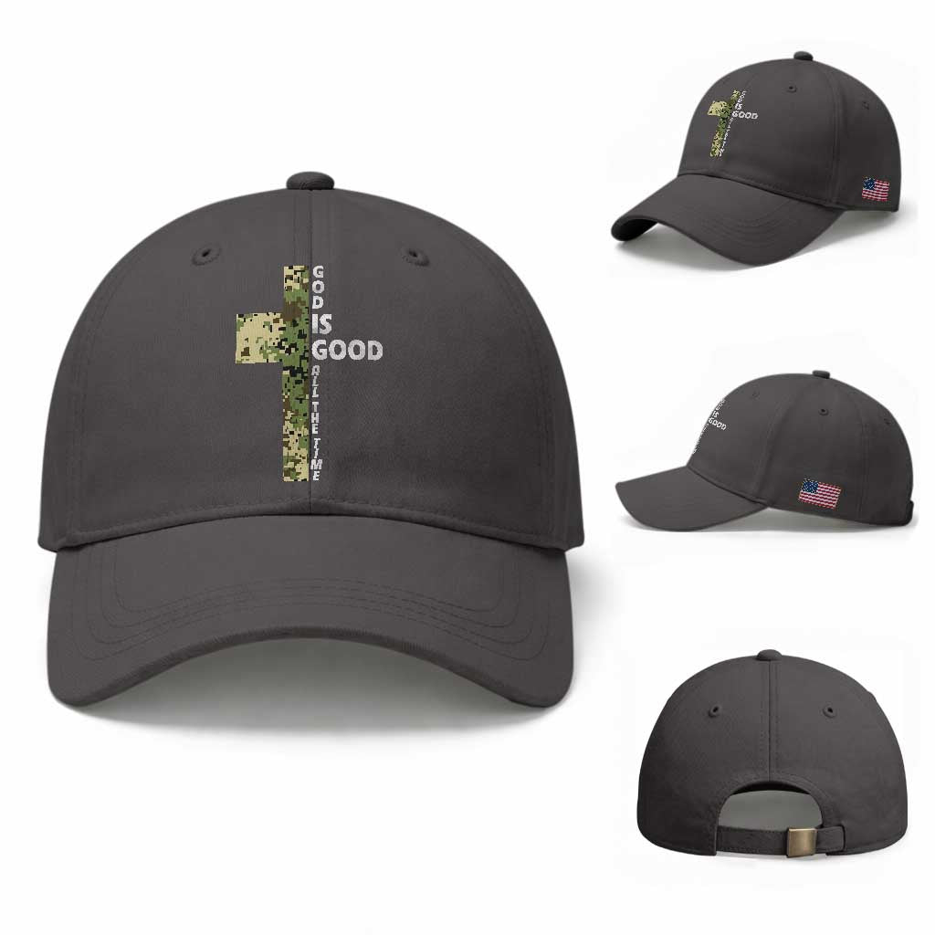 God Is Good Baseball Cap Camo Cross Religious Jesus Faith Bible Verse Inspirational TS10 Baseball Cap Universal Fit Dark Gray Print Your Wear