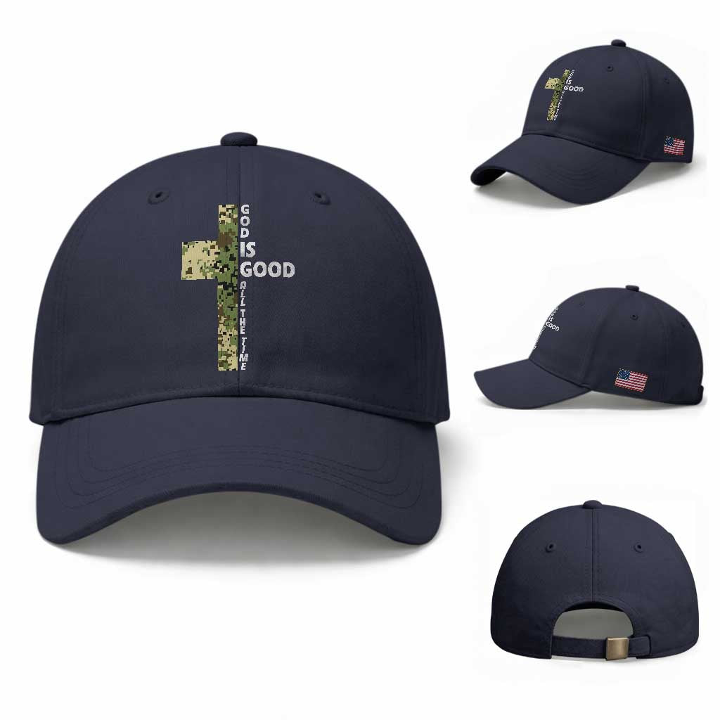 God Is Good Baseball Cap Camo Cross Religious Jesus Faith Bible Verse Inspirational TS10 Baseball Cap Universal Fit Navy Print Your Wear