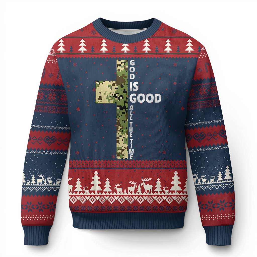 God Is Good Ugly Christmas Sweater Camo Cross Religious Jesus Faith Bible Verse Inspirational TS10 Navy Red Print Your Wear