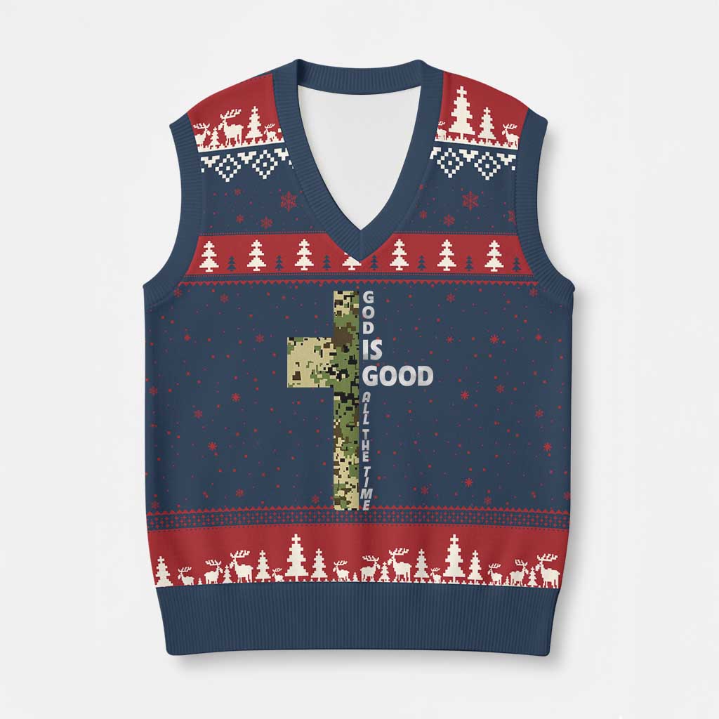God Is Good V-Neck Knit Sweater Vest Camo Cross Religious Jesus Faith Bible Verse Inspirational TS10 Navy Red Print Your Wear