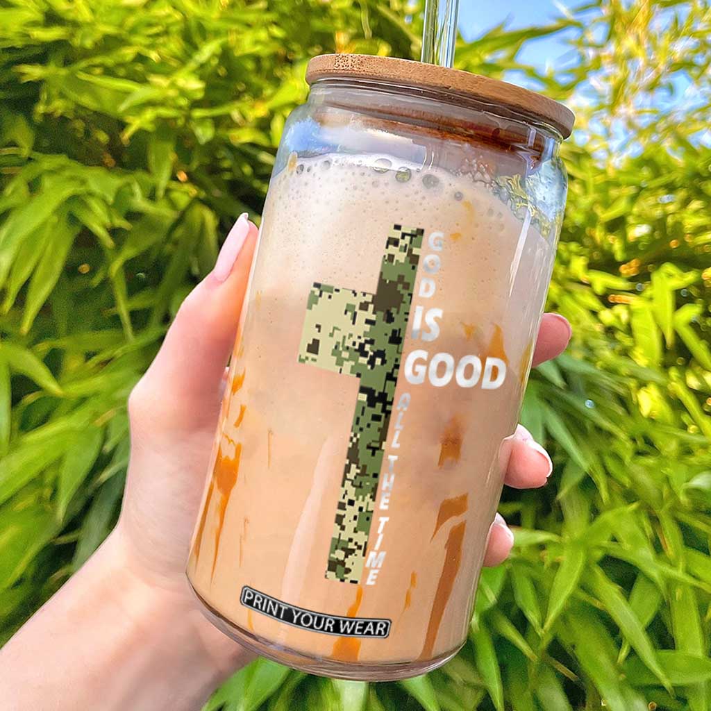God Is Good Glass Can Camo Cross Religious Jesus Faith Bible Verse Inspirational TS10 Black Print Your Wear